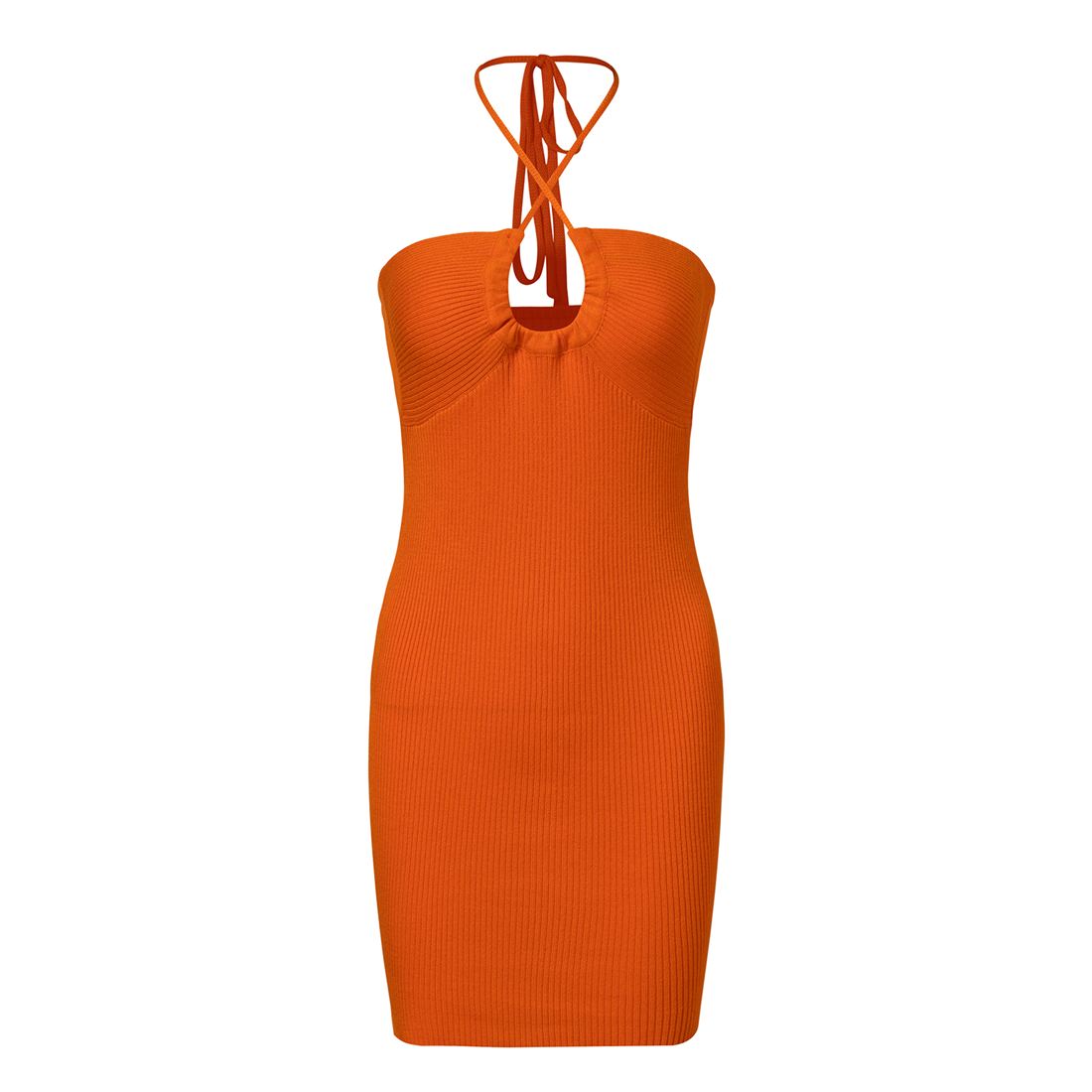 coral halter knit worn against pale skin, illustrating why colour fastness matters in wear